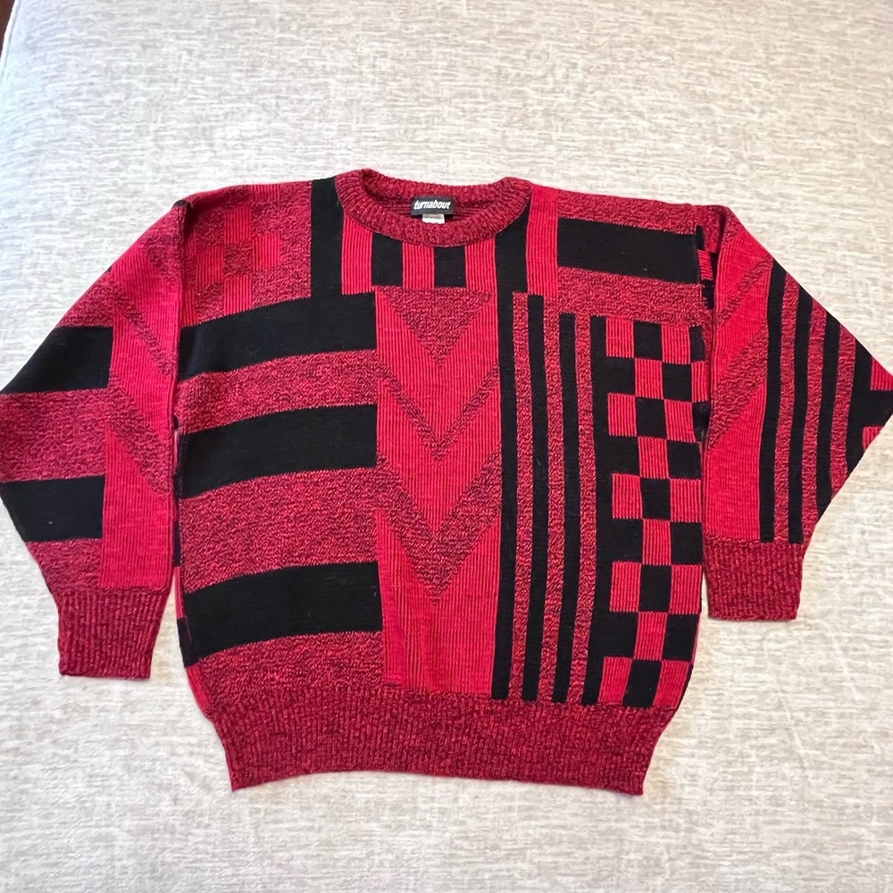 Vintage Turnabout Sweater Men's M Medium‎ 80s 90s Abstract Geometric Red Black